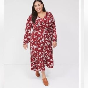 Lane Bryant 18 red floral faux wrap dress